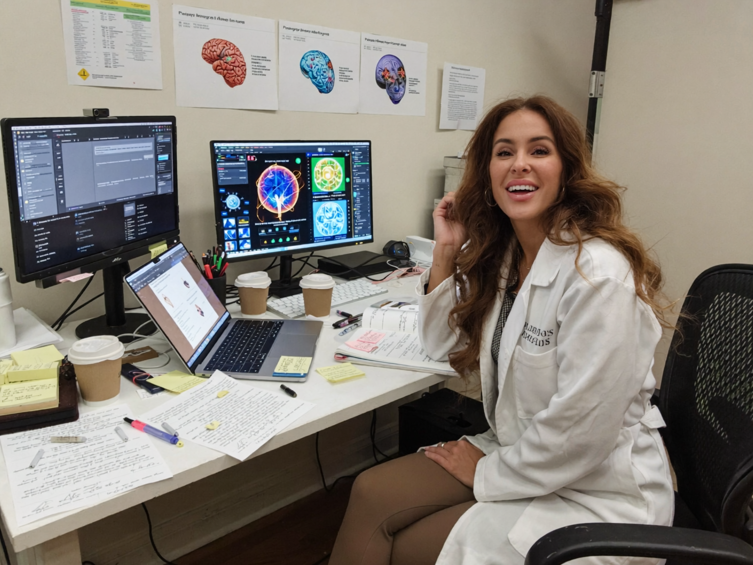 Founder at her desk surrounded by neuroscience research